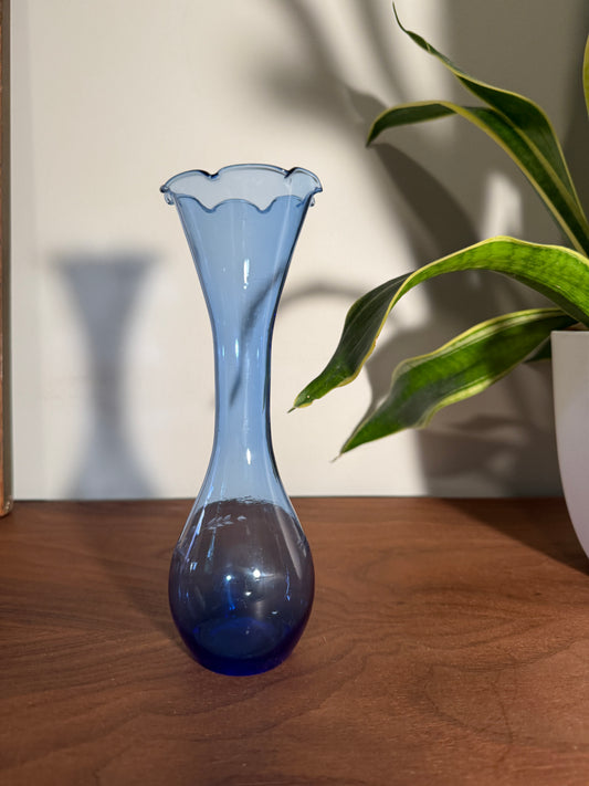 Vintage Blue Glass Bud Vase – Hand-Blown Mid-Century Mini Vase with Etched Detail