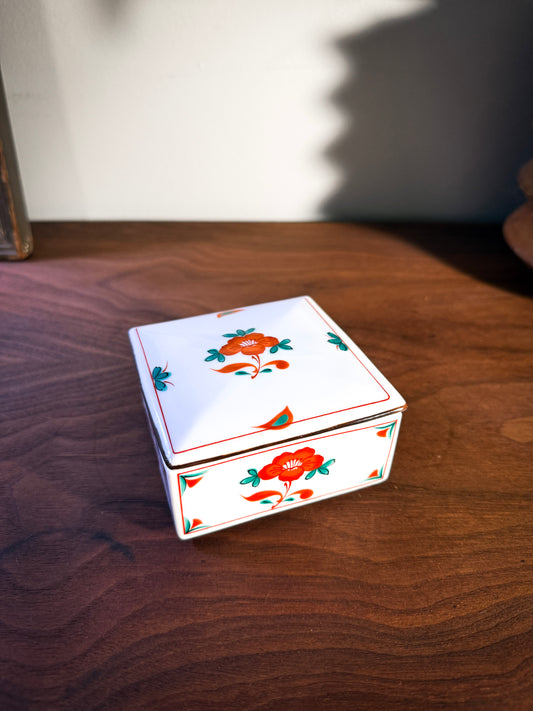 Tiffany & Co. Porcelain Trinket Box – Hand-Painted Floral Square Box, Made in Japan, 1980s