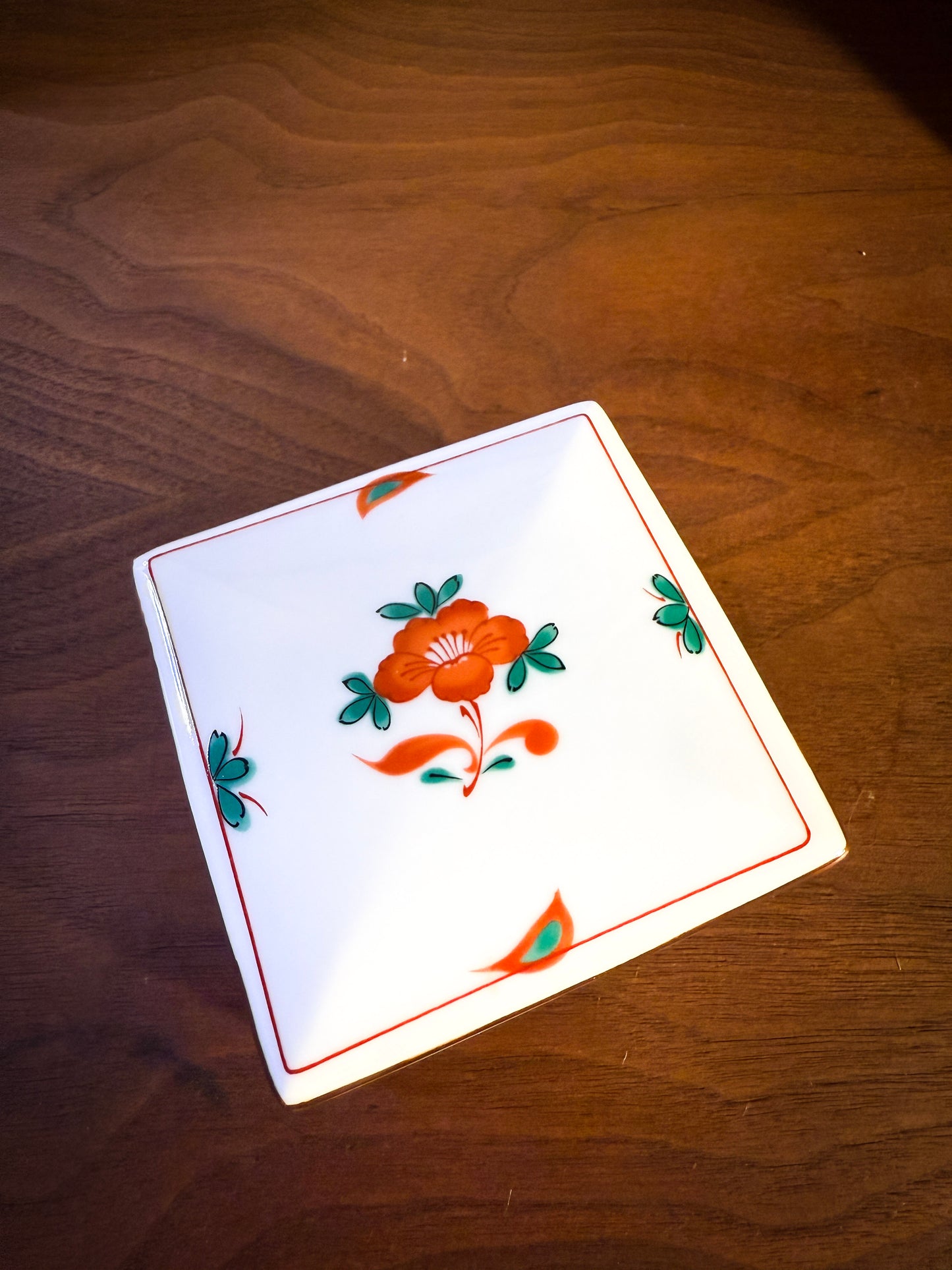 Tiffany & Co. Porcelain Trinket Box – Hand-Painted Floral Square Box, Made in Japan, 1980s