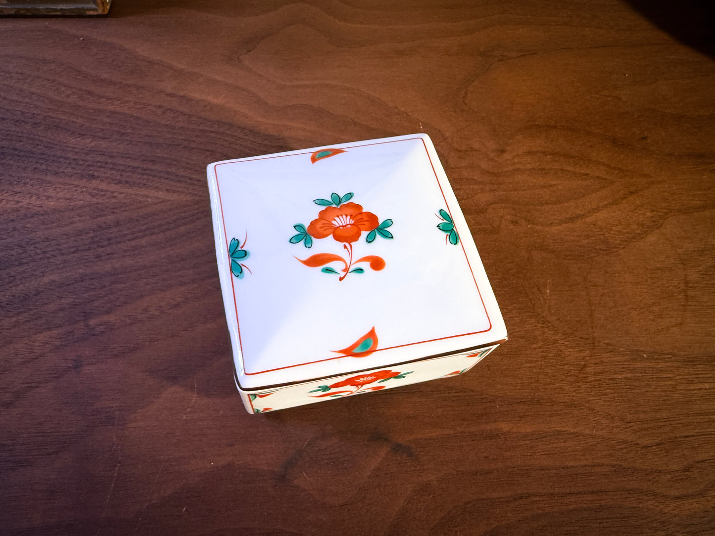 Tiffany & Co. Porcelain Trinket Box – Hand-Painted Floral Square Box, Made in Japan, 1980s
