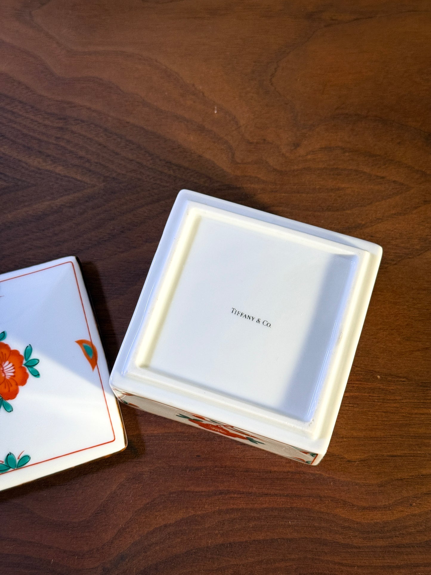 Tiffany & Co. Porcelain Trinket Box – Hand-Painted Floral Square Box, Made in Japan, 1980s