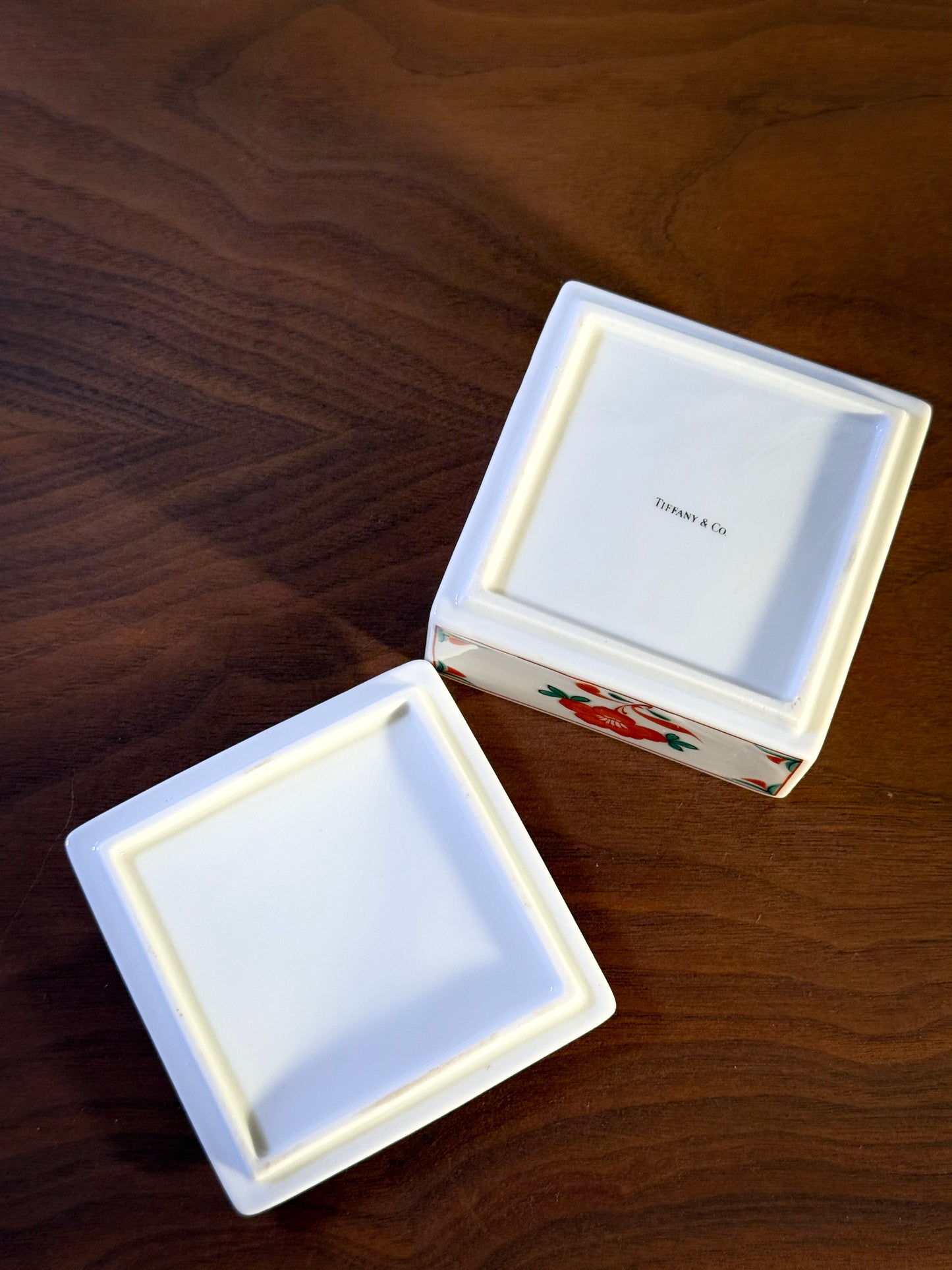 Tiffany & Co. Porcelain Trinket Box – Hand-Painted Floral Square Box, Made in Japan, 1980s