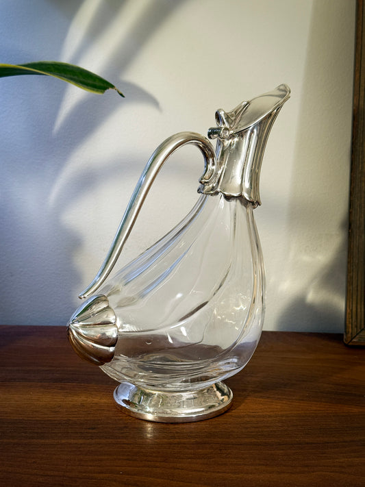 Vintage Glass & Silverplate Wine Decanter – Swan Neck Claret Jug with Hinged Lid, Mid-Century Elegant Barware