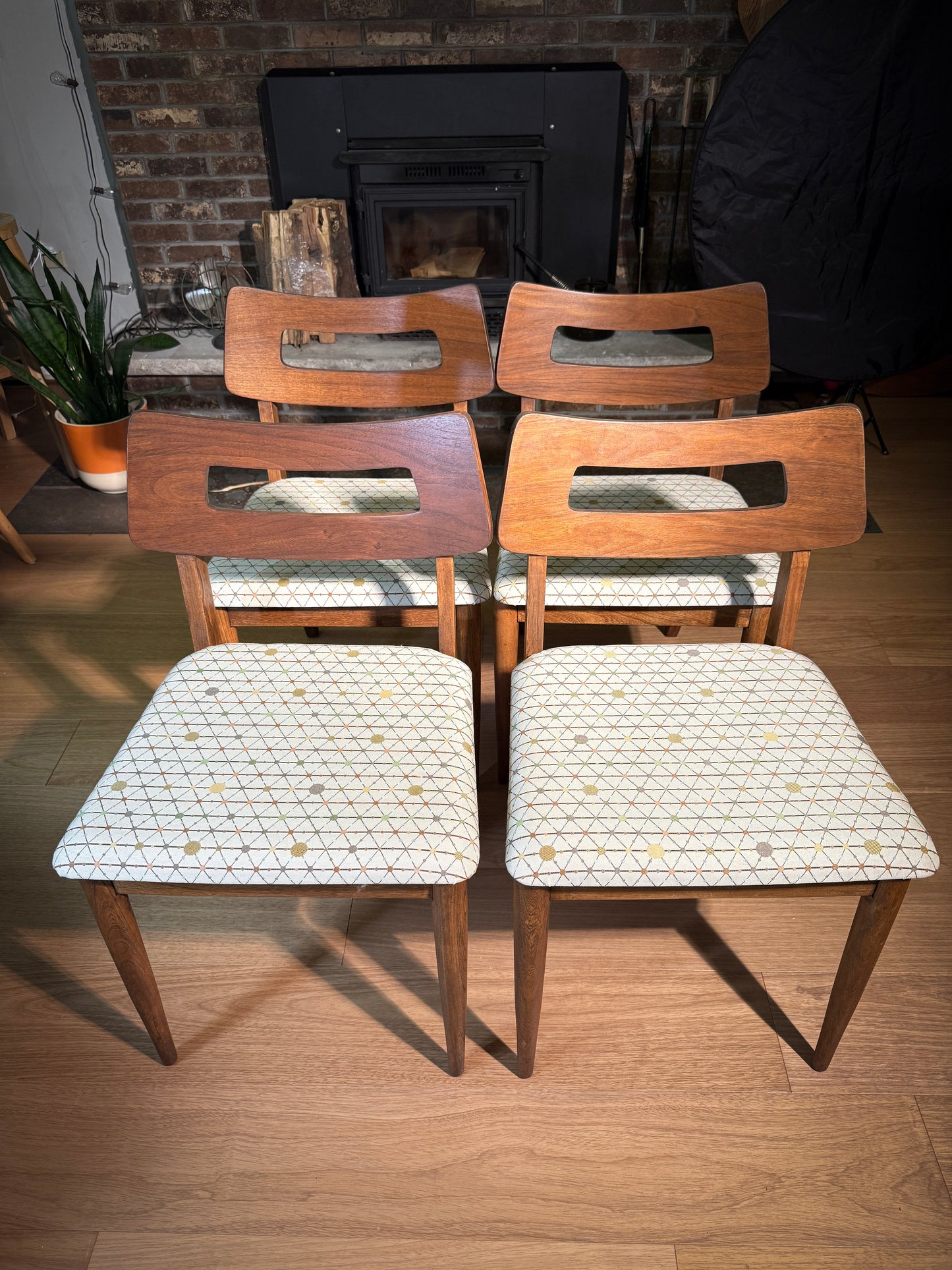 Set of 4 Mid-Century Modern Dining Chairs – Restored Walnut Frames, Atomic Pattern Upholstery