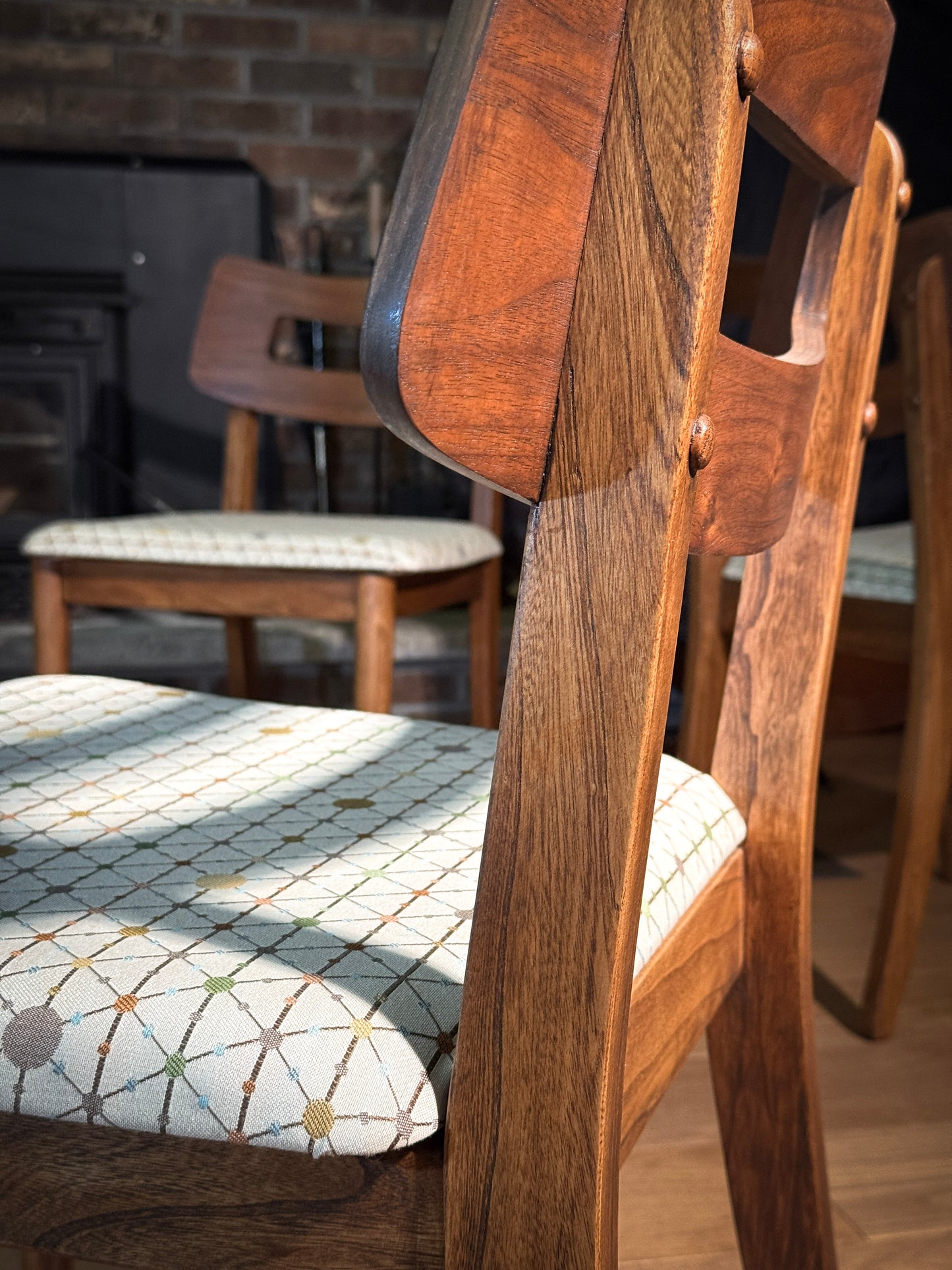 Set of 4 Mid-Century Modern Dining Chairs – Restored Walnut Frames, Atomic Pattern Upholstery