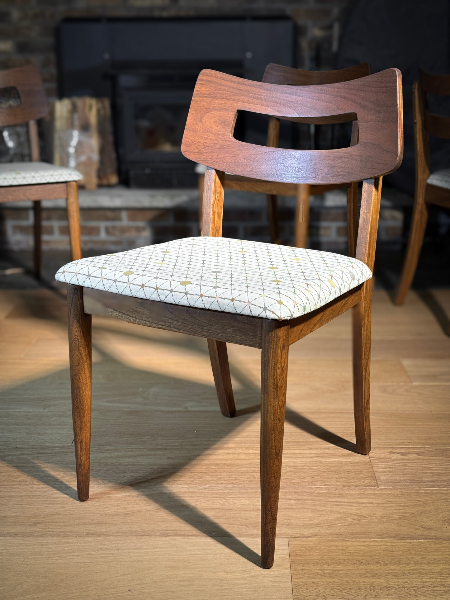 Set of 4 Mid-Century Modern Dining Chairs – Restored Walnut Frames, Atomic Pattern Upholstery
