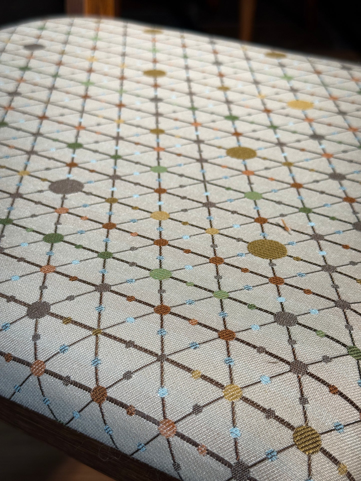 Set of 4 Mid-Century Modern Dining Chairs – Restored Walnut Frames, Atomic Pattern Upholstery