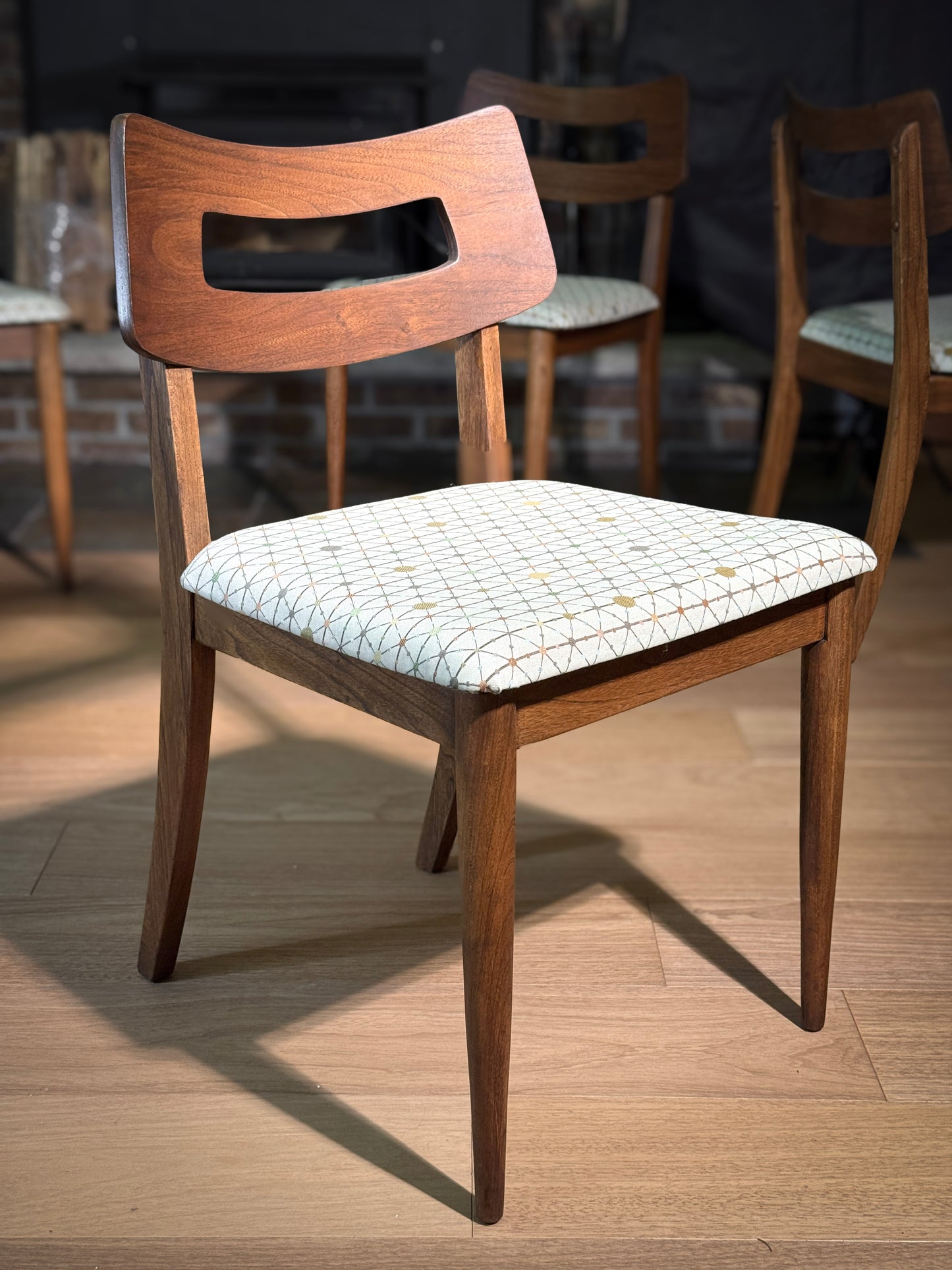 Set of 4 Mid-Century Modern Dining Chairs – Restored Walnut Frames, Atomic Pattern Upholstery