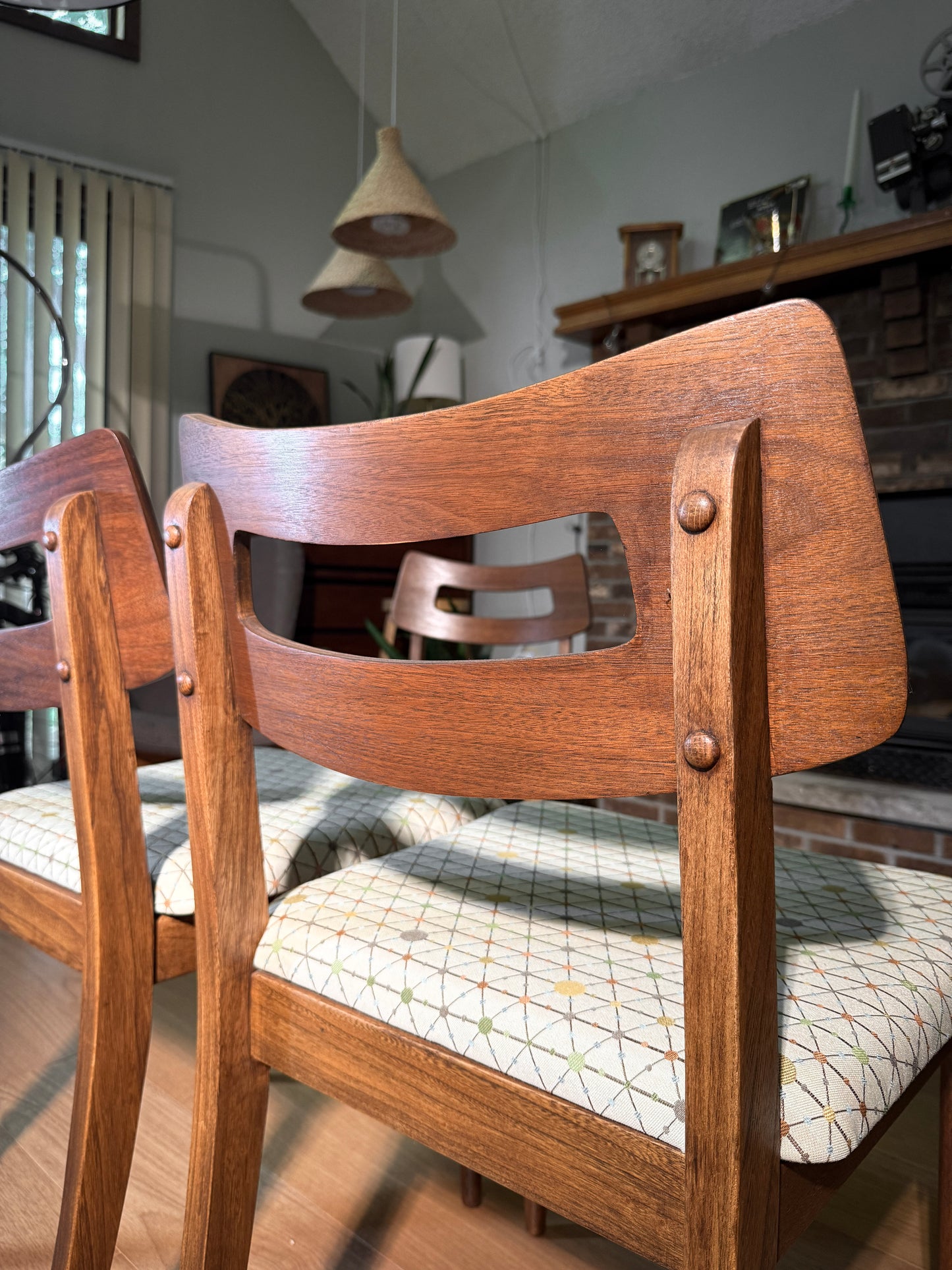 Set of 4 Mid-Century Modern Dining Chairs – Restored Walnut Frames, Atomic Pattern Upholstery