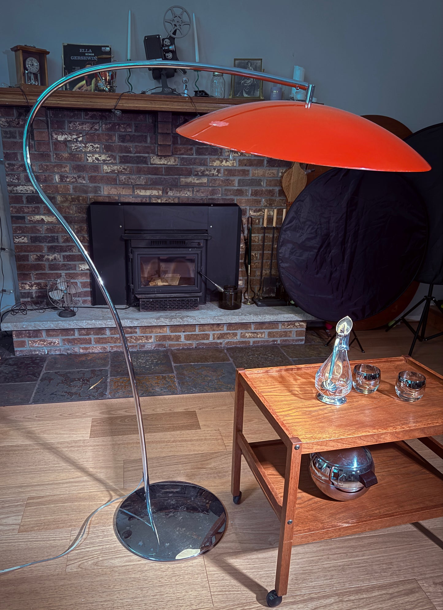 Lobster Lamp – Oversized Arc Floor Lamp with Red Saucer Shade