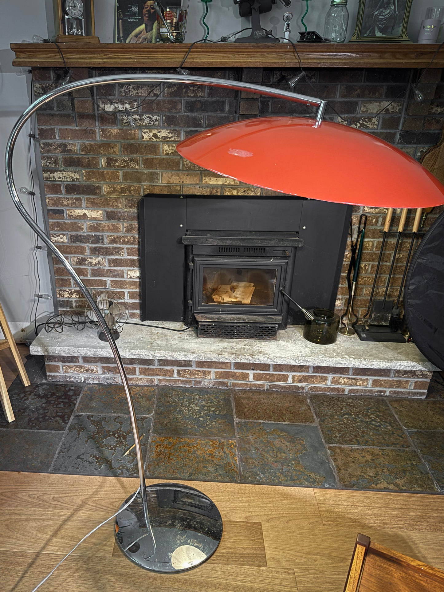 Lobster Lamp – Oversized Arc Floor Lamp with Red Saucer Shade