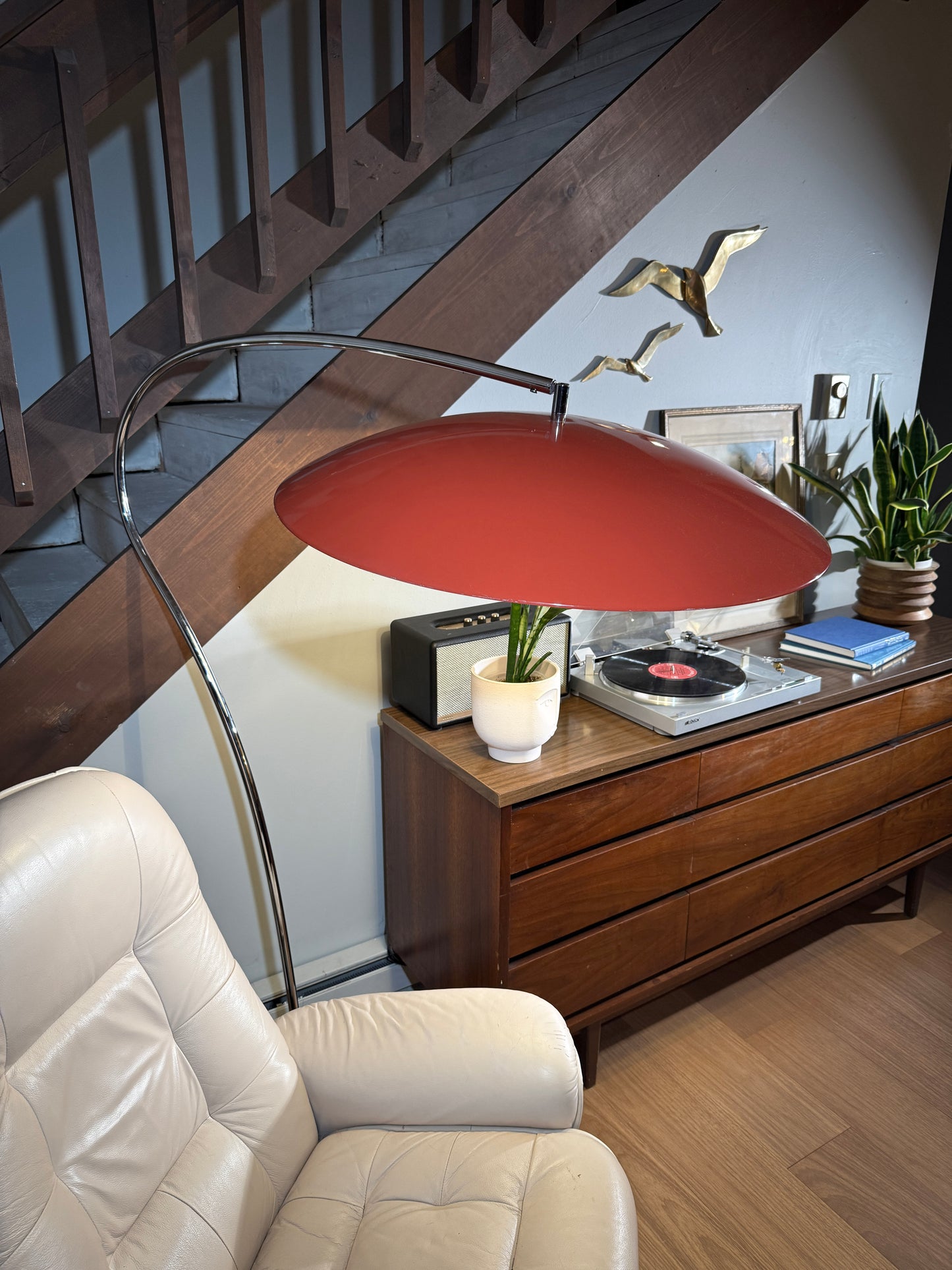 Lobster Lamp – Oversized Arc Floor Lamp with Red Saucer Shade