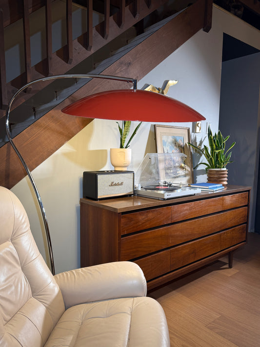 Lobster Lamp – Oversized Arc Floor Lamp with Red Saucer Shade