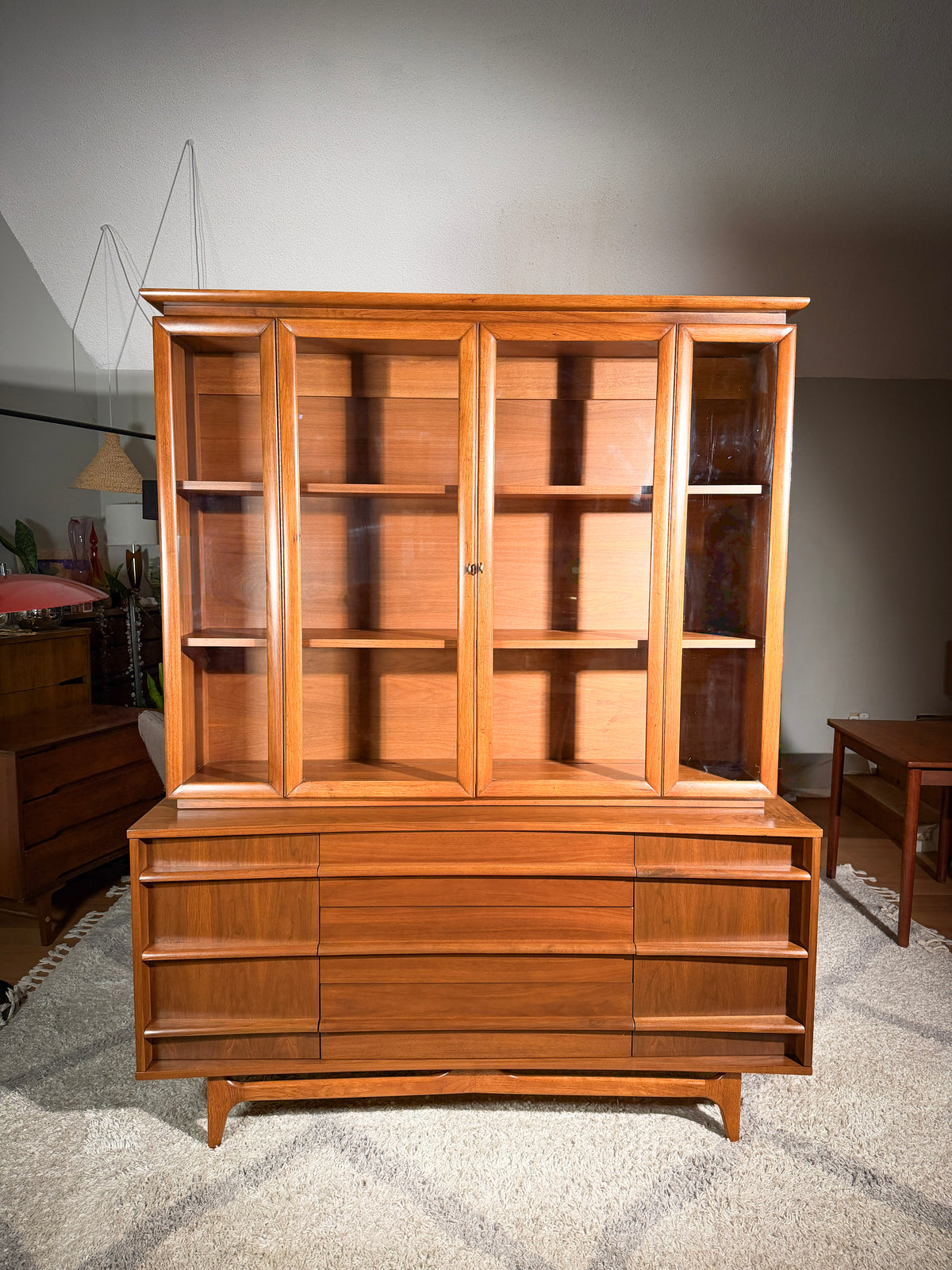 Young Manufacturing Curved Walnut Credenza with Hutch — Refinished 1960s Mid-Century Modern