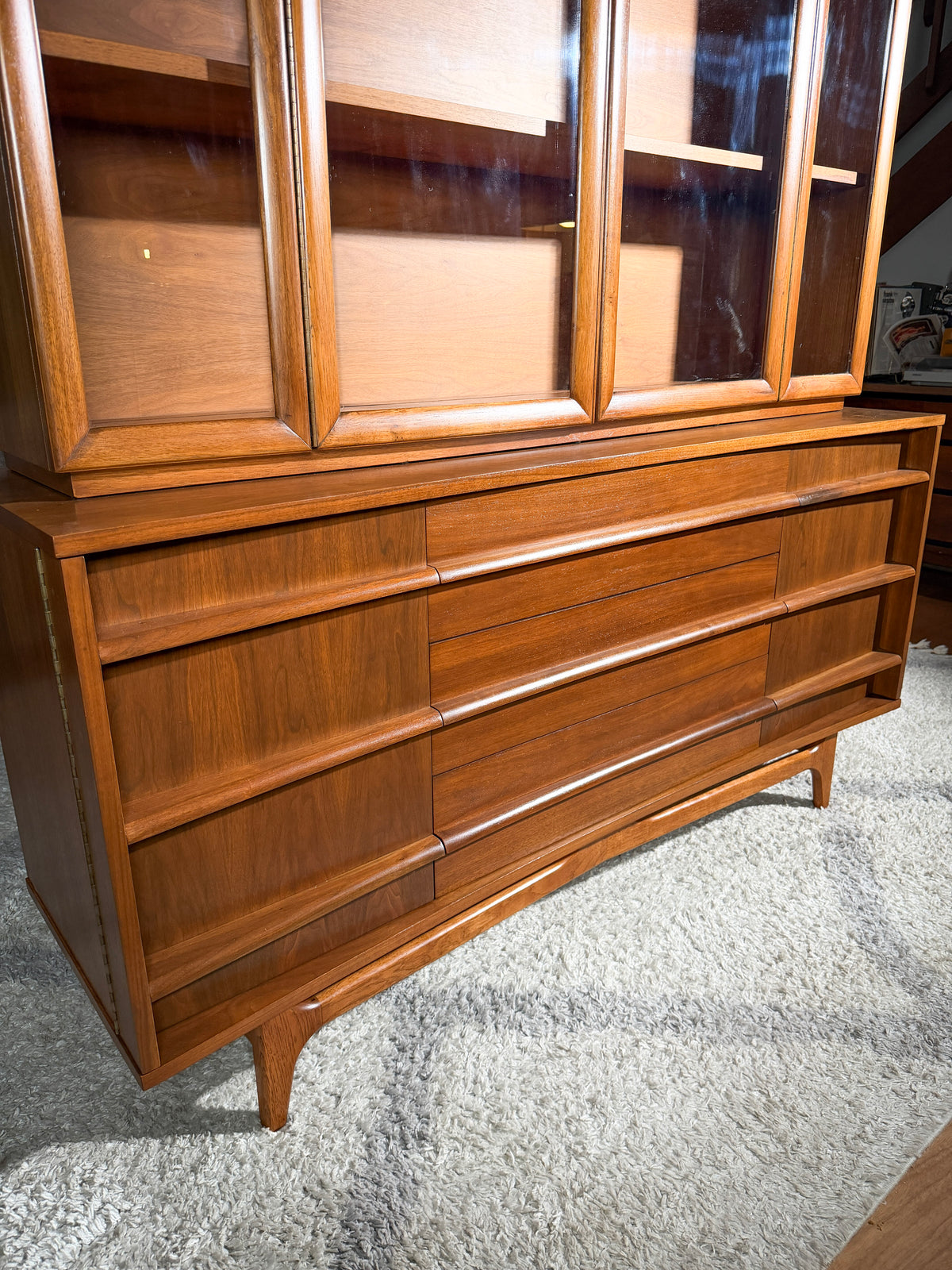 Young Manufacturing Curved Walnut Credenza with Hutch — Refinished 1960s Mid-Century Modern