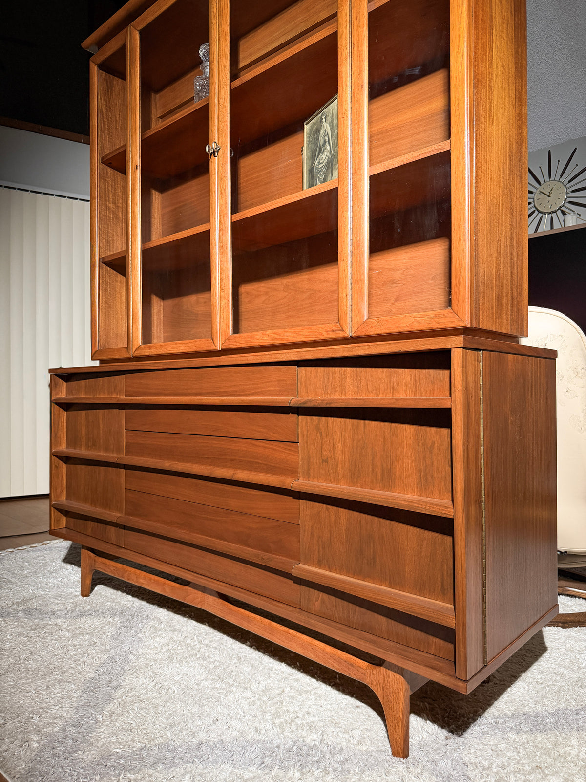 Young Manufacturing Curved Walnut Credenza with Hutch — Refinished 1960s Mid-Century Modern
