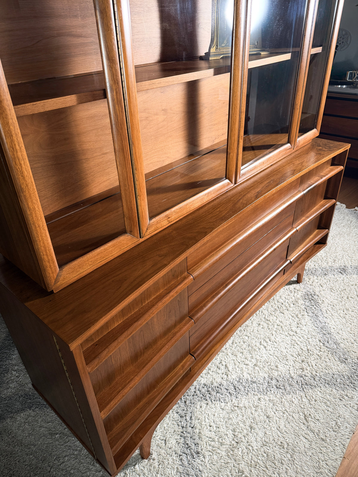 Young Manufacturing Curved Walnut Credenza with Hutch — Refinished 1960s Mid-Century Modern