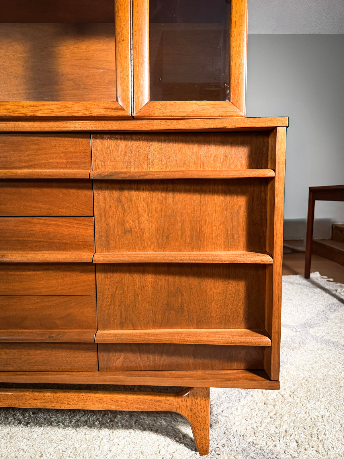 Young Manufacturing Curved Walnut Credenza with Hutch — Refinished 1960s Mid-Century Modern