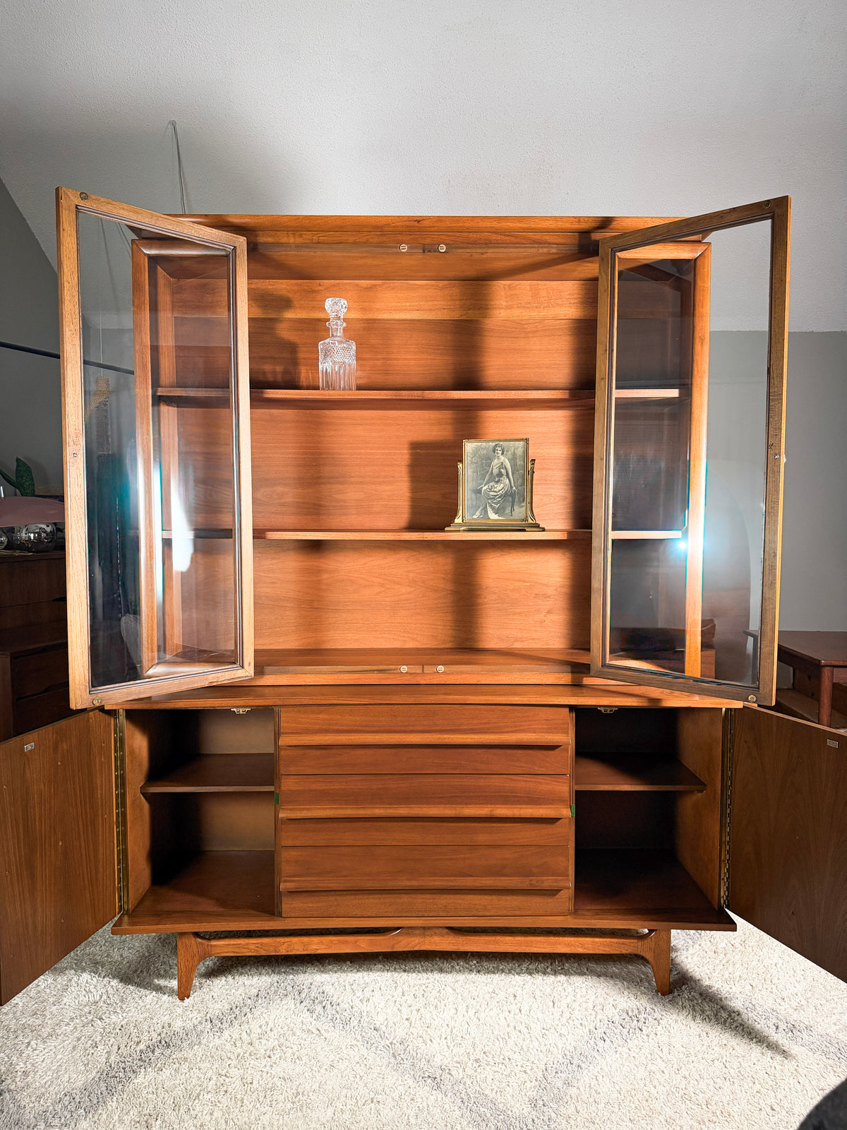 Young Manufacturing Curved Walnut Credenza with Hutch — Refinished 1960s Mid-Century Modern