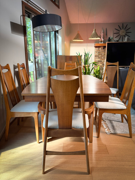Young Manufacturing Cat Eye Walnut Dining Set — Extension Table & 6 Chairs, Refinished 1960s Mid-Century Modern