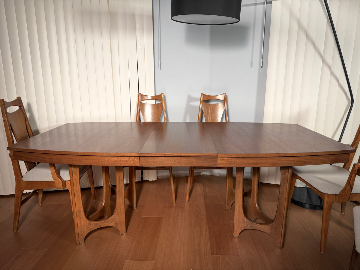 Young Manufacturing Cat Eye Walnut Dining Set — Extension Table & 6 Chairs, Refinished 1960s Mid-Century Modern