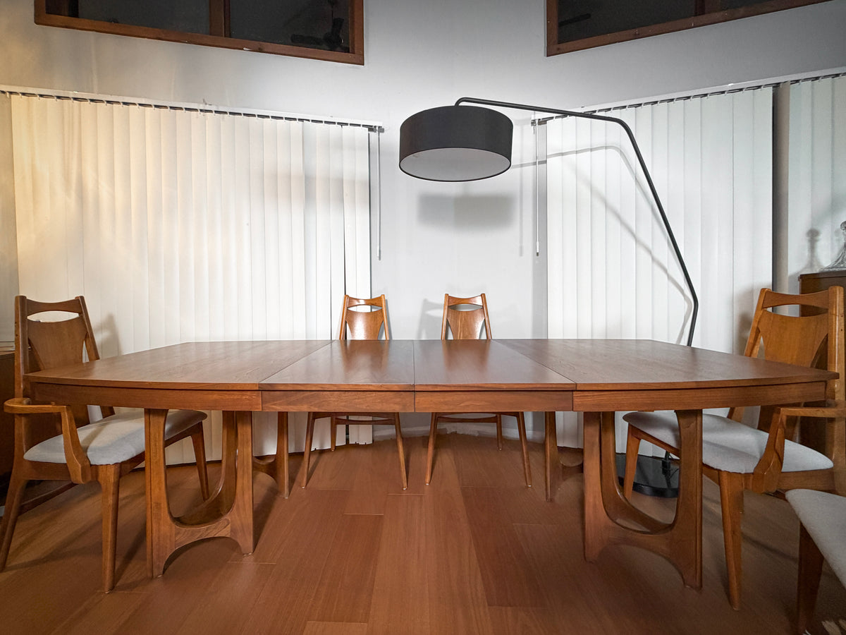 Young Manufacturing Cat Eye Walnut Dining Set — Extension Table & 6 Chairs, Refinished 1960s Mid-Century Modern