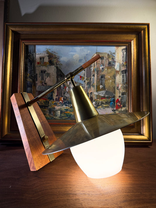 Mid-Century Danish Wall Lamp in Teak, Brass & Frosted Glass