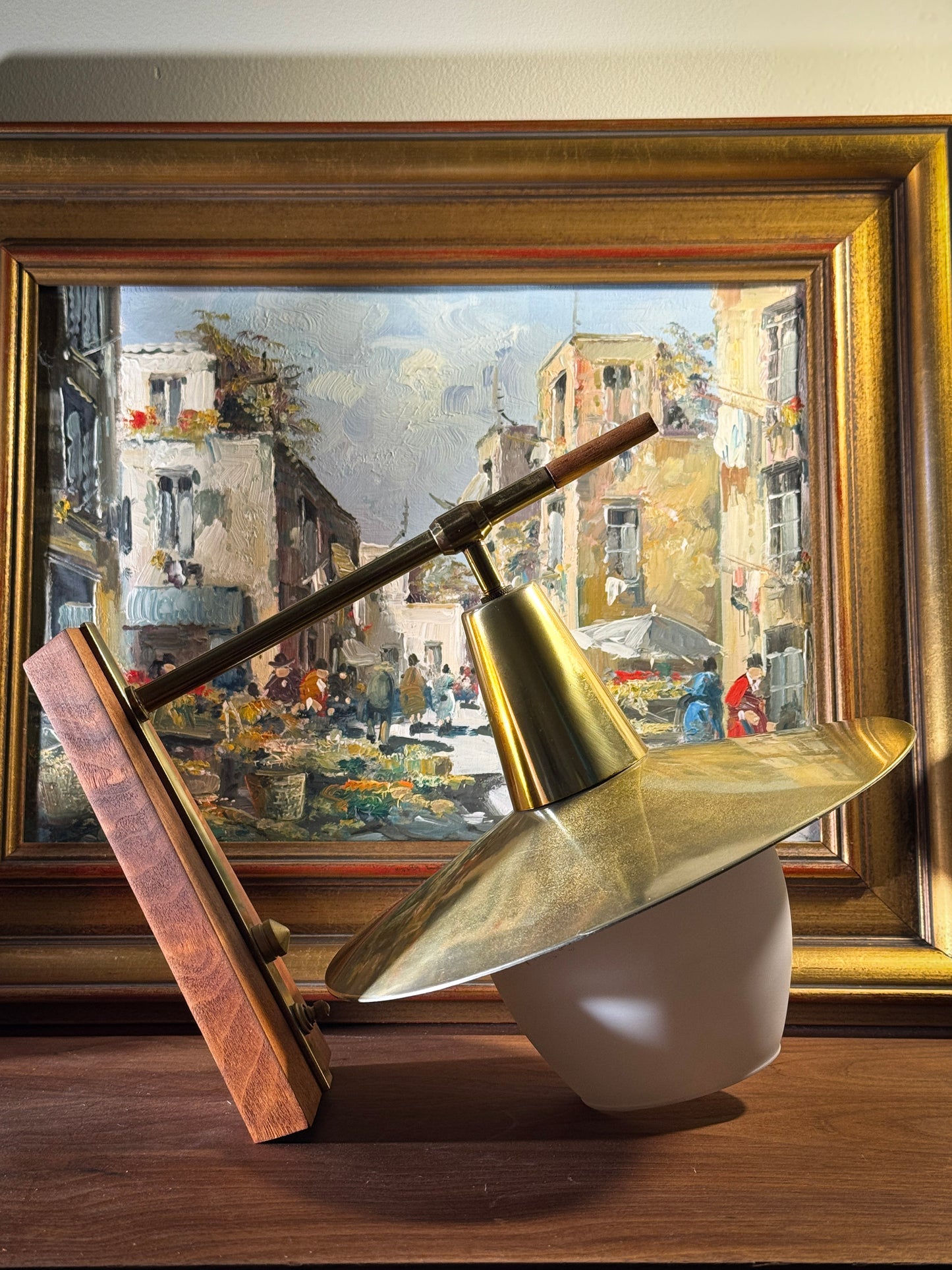 Mid-Century Danish Wall Lamp in Teak, Brass & Frosted Glass