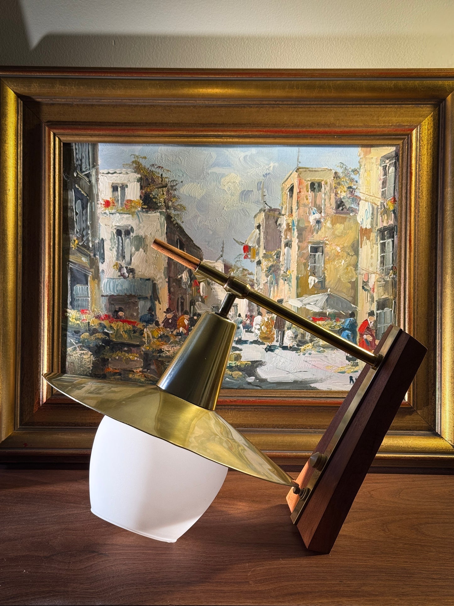 Mid-Century Danish Wall Lamp in Teak, Brass & Frosted Glass