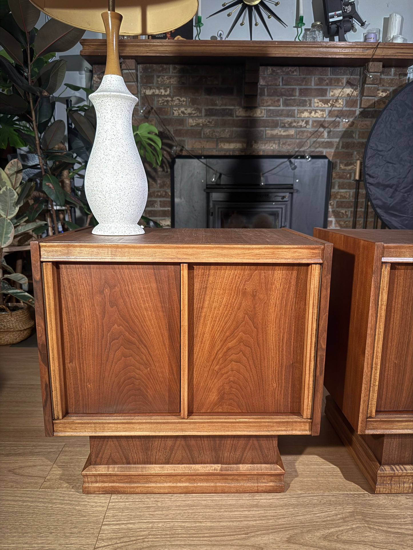 Pair of Mid-Century Walnut Nightstands – Tobago Furniture Canada, Brutalist Sculpted Front, Vintage End Tables
