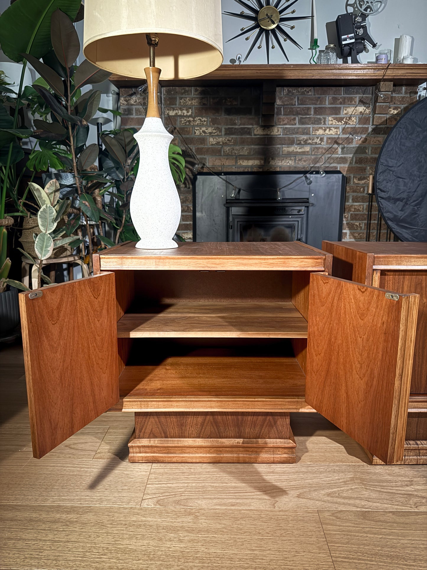 Pair of Mid-Century Walnut Nightstands – Tobago Furniture Canada, Brutalist Sculpted Front, Vintage End Tables