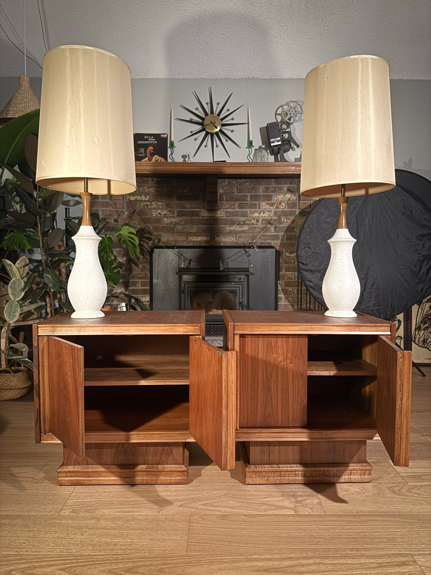 Pair of Mid-Century Walnut Nightstands – Tobago Furniture Canada, Brutalist Sculpted Front, Vintage End Tables