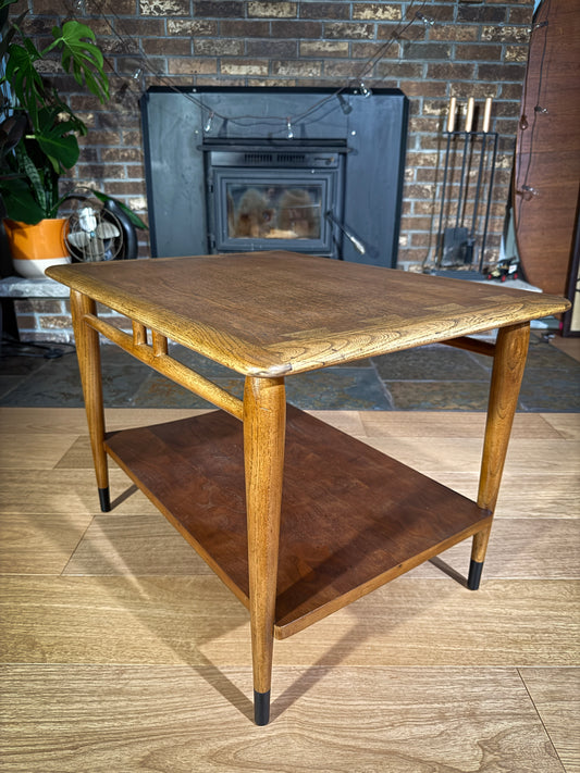 Refinished Lane Acclaim Coffee Table – Mid-Century Modern Walnut & Ash Two-Tier End Table, Dovetail Inlay