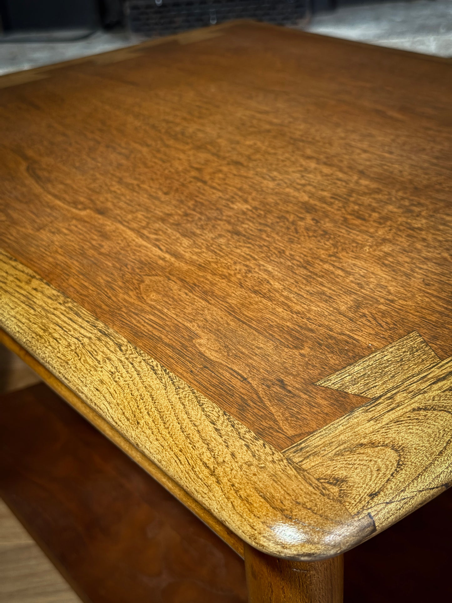 Refinished Lane Acclaim Coffee Table – Mid-Century Modern Walnut & Ash Two-Tier End Table, Dovetail Inlay