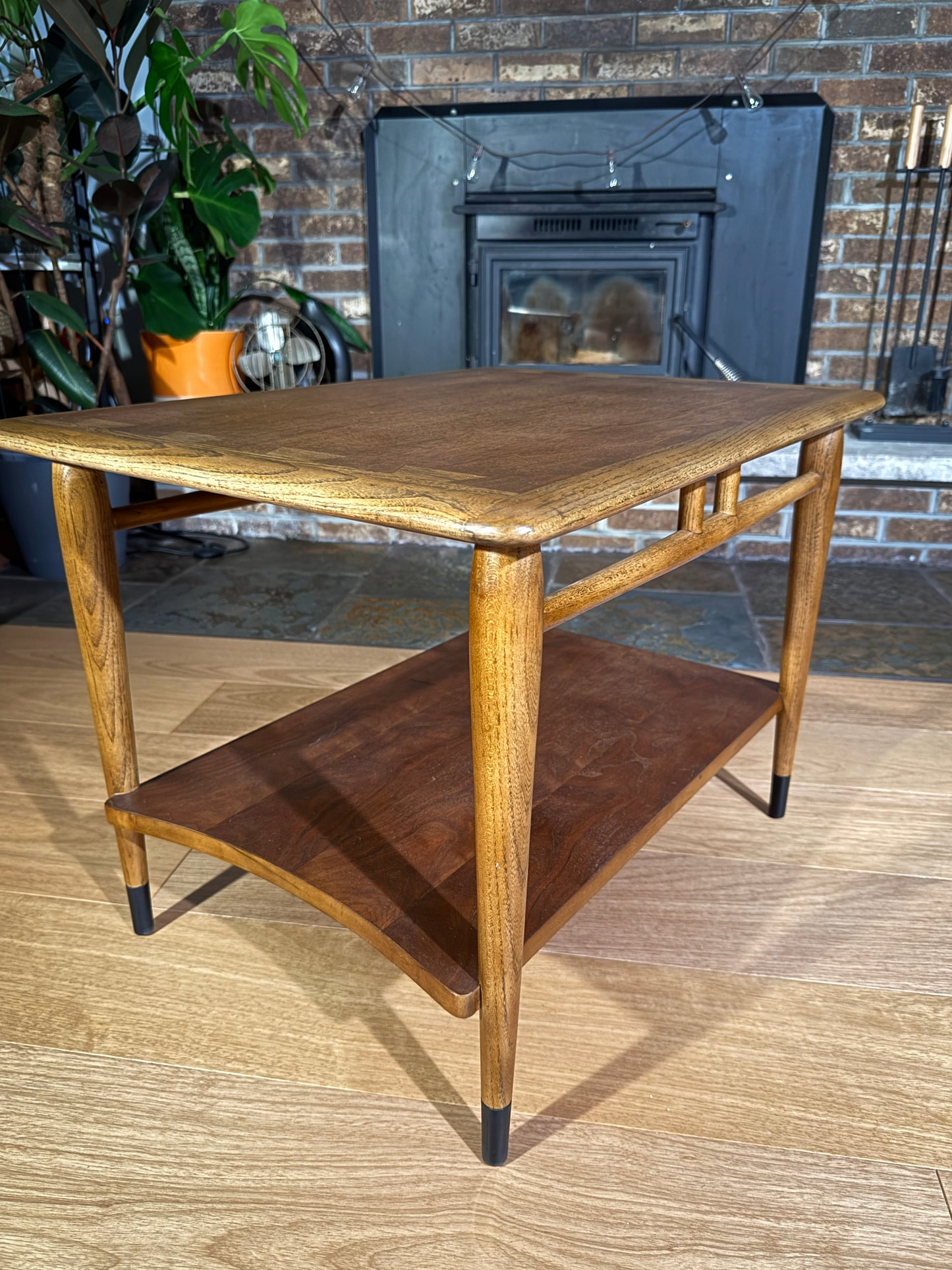 Refinished Lane Acclaim Coffee Table – Mid-Century Modern Walnut & Ash Two-Tier End Table, Dovetail Inlay