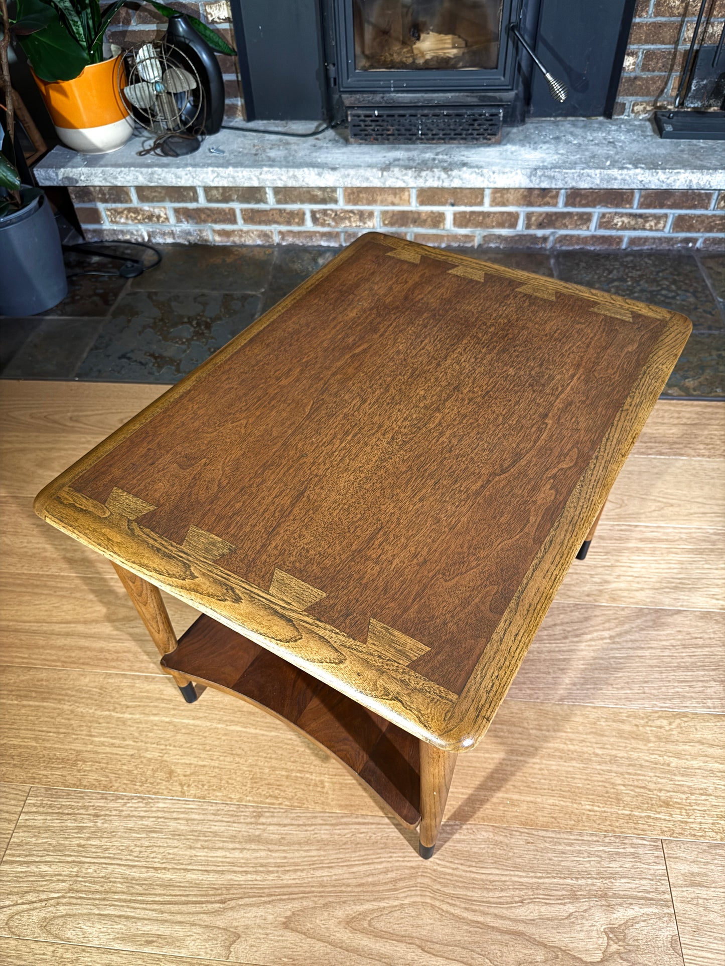 Refinished Lane Acclaim Coffee Table – Mid-Century Modern Walnut & Ash Two-Tier End Table, Dovetail Inlay