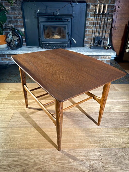 Mid-Century Walnut Coffee Table – Refinished Basset Furniture Table with Spindle Base, Vintage MCM Accent