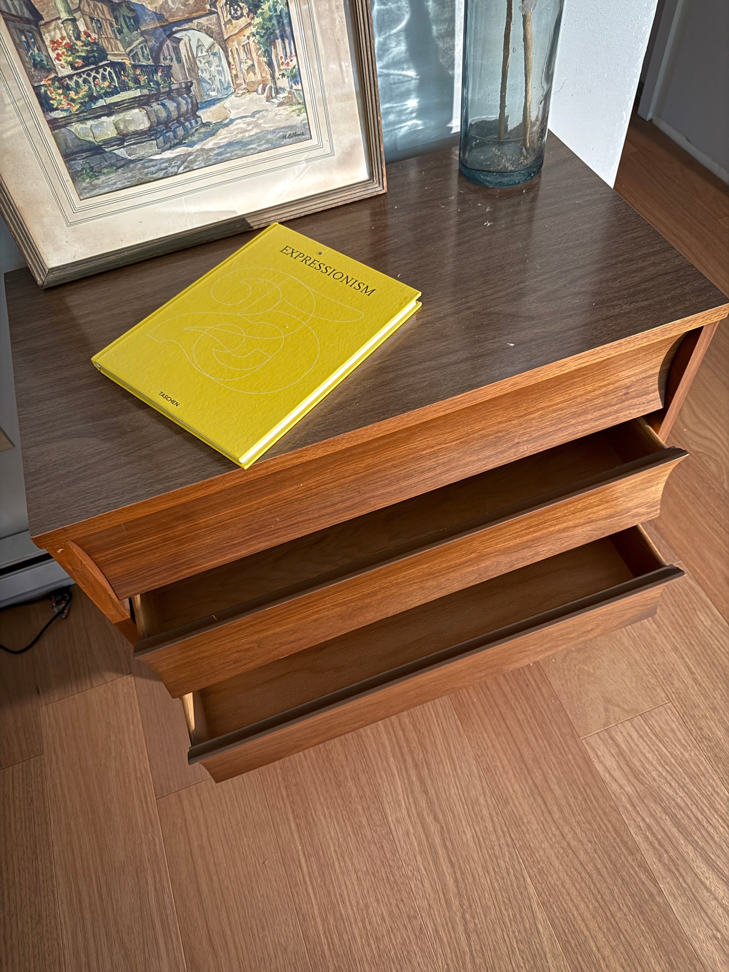 Mid-Century Modern Walnut Dresser – Johnson Carper Small 3-Drawer Chest, Vintage Sculpted Front