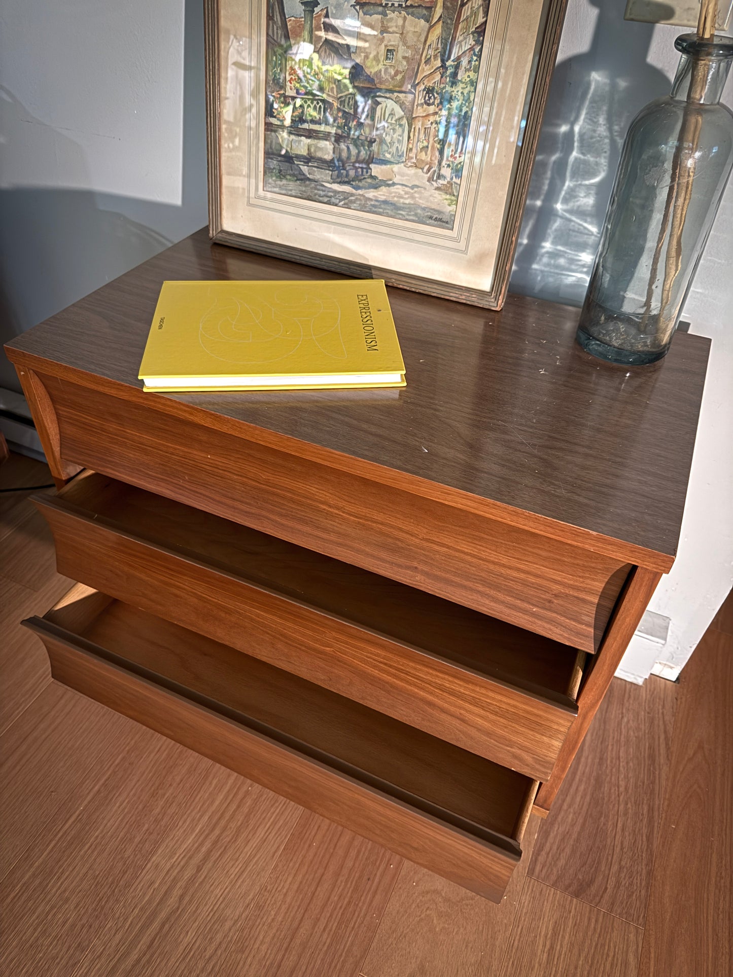 Mid-Century Modern Walnut Dresser – Johnson Carper Small 3-Drawer Chest, Vintage Sculpted Front