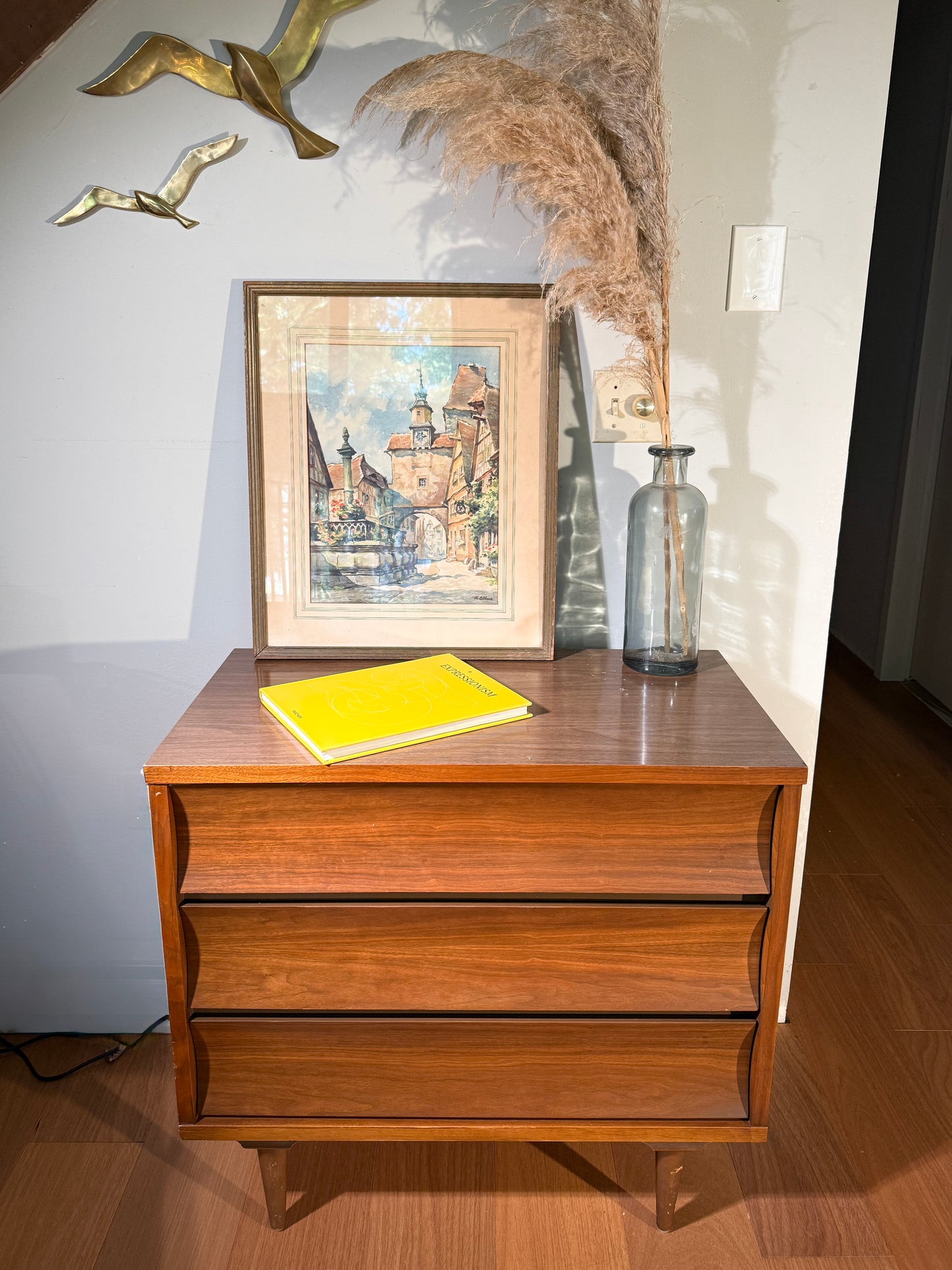 Mid-Century Modern Walnut Dresser – Johnson Carper Small 3-Drawer Chest, Vintage Sculpted Front