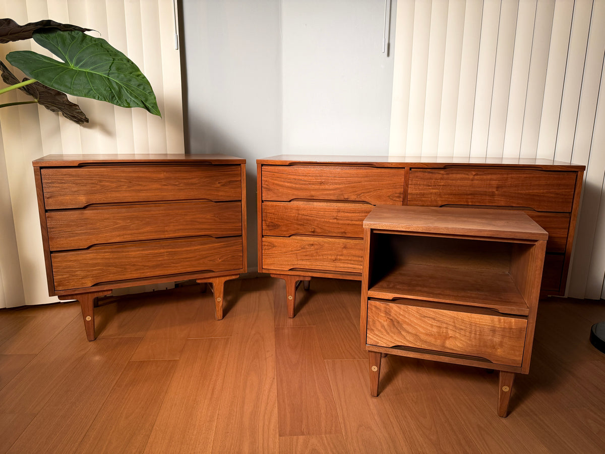 Stanley Furniture Walnut Chest of Drawers & Nightstand — Refinished 1960s Mid-Century Modern