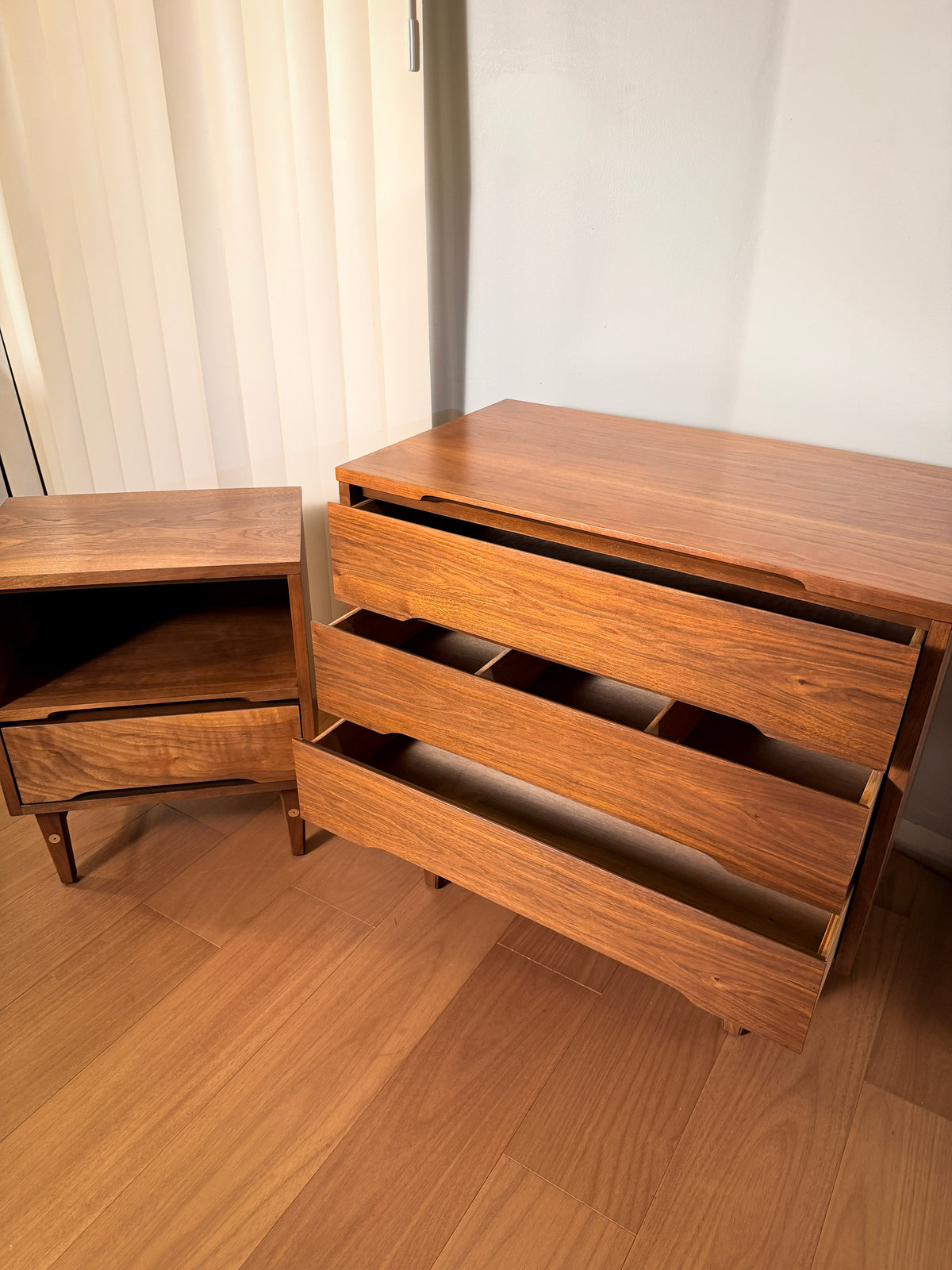 Stanley Furniture Walnut Chest of Drawers & Nightstand — Refinished 1960s Mid-Century Modern