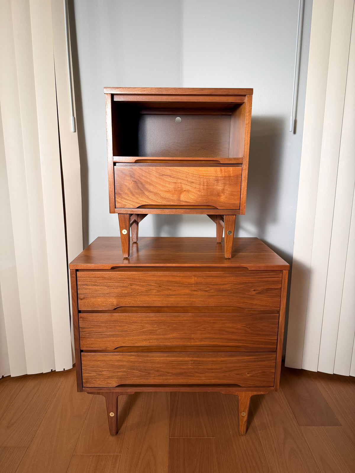 Stanley Furniture Walnut Chest of Drawers & Nightstand — Refinished 1960s Mid-Century Modern